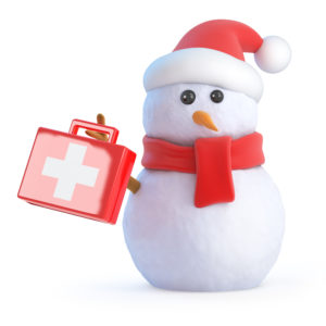 Snowman holding a first-aid kit 